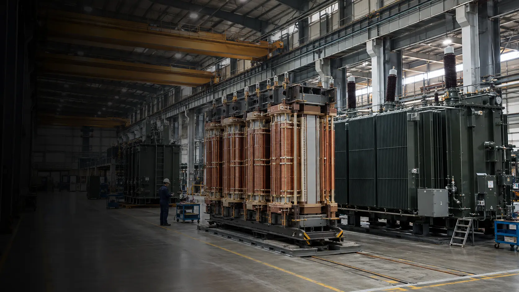Large power transformer assembly in a manufacturing facility